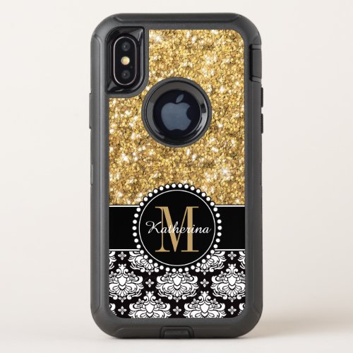 Gold Glitter and Damask Pattern Monogrammed OtterBox Defender iPhone XS Case
