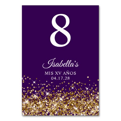 Gold Glitter and Dark Purple Mis XV Anos Table Number