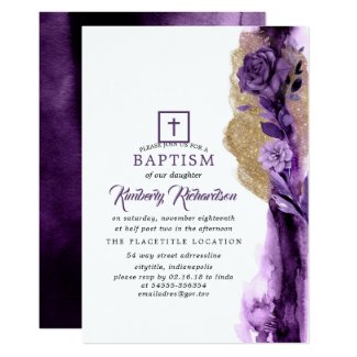 Gold Glitter and Dark Purple Modern Floral Baptism Invitation