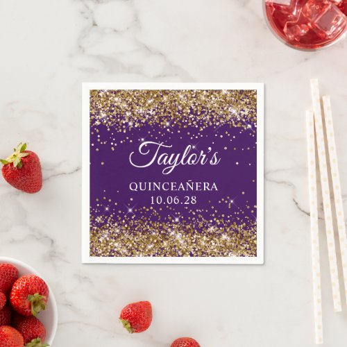 Gold Glitter and Dark Purple Quinceaera Napkins