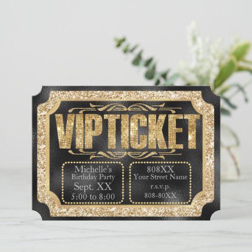 Gold Glitter and Diamonds on Black Golden Ticket Invitation