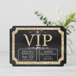 Gold Glitter and Diamonds on Black VIP Ticket Invitation