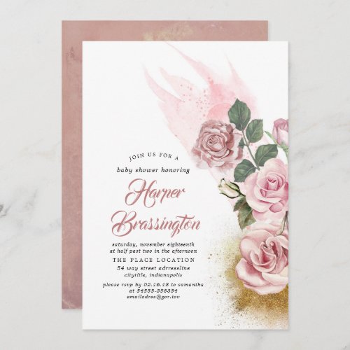 Gold Glitter and Dusty Rose Floral Baby Shower Invitation