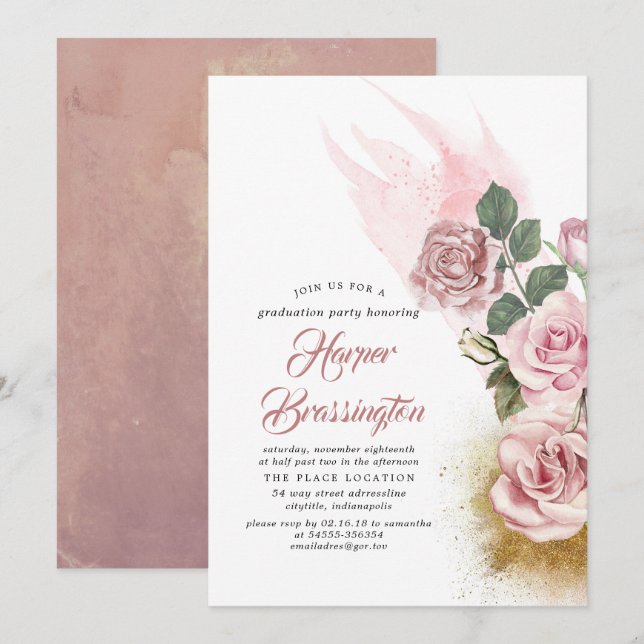 Gold Glitter and Dusty Rose Floral Graduation Invitation (Front/Back)