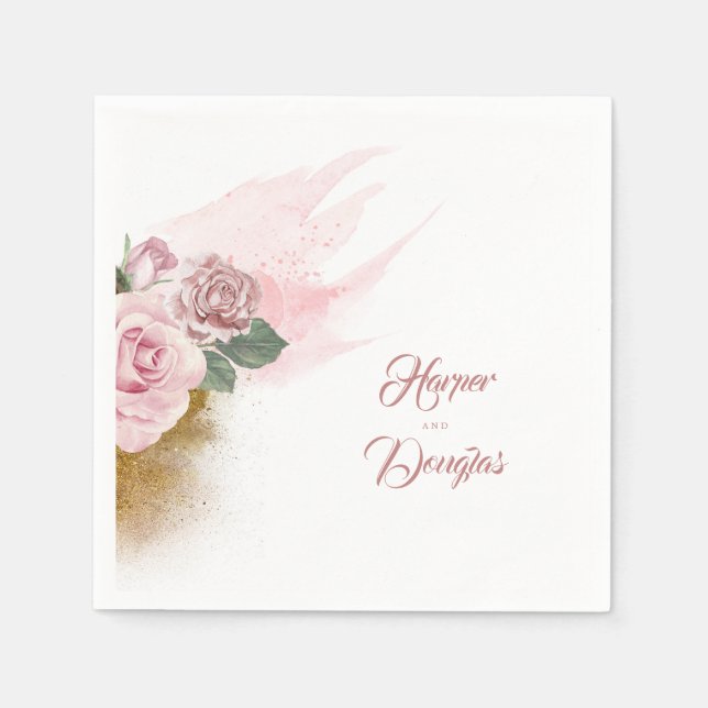 Gold Glitter and Dusty Rose Floral Wedding Napkins (Front)