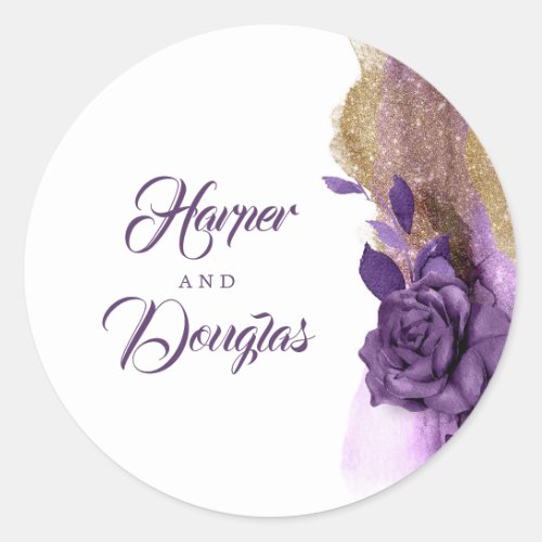 Gold Glitter and Eggplant Purple Wedding Classic Round Sticker