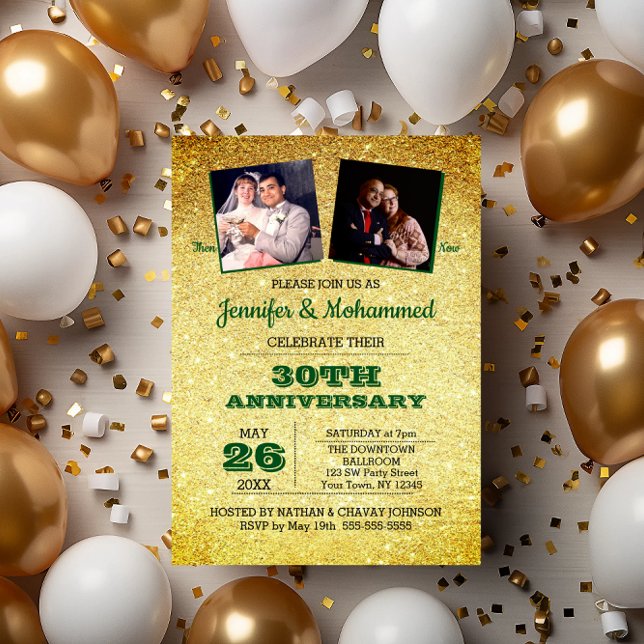 Gold Glitter and Emerald 30th Anniversary Photo Invitation (Creator Uploaded)