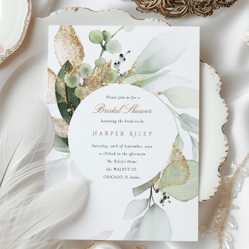 Gold Glitter and Eucalyptus Bridal Shower Invitation