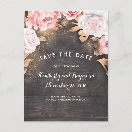 Gold Glitter and Floral Rustic Wood Save the Date Announcement Postcard