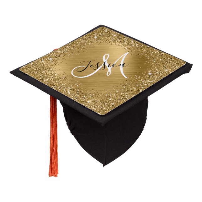 Gold Glitter and Foil Girly Glam Monogram Graduation Cap Topper (Angled)