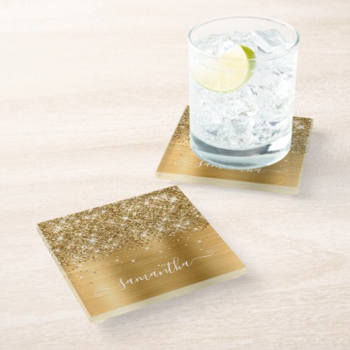 Gold Glitter and Foil Girly Signature Glass Coaster