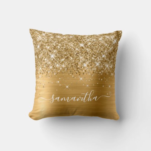 Gold Glitter and Foil Girly Signature Throw Pillow