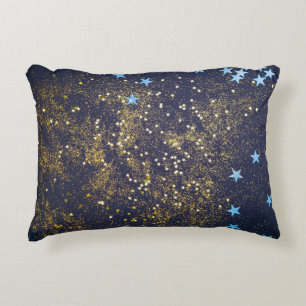 Gold glitter and glittering blue stars on black ba accent pillow
