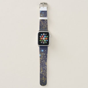 Gold glitter and glittering blue stars on black ba apple watch band