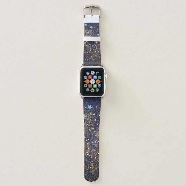 Gold glitter and glittering blue stars on black ba apple watch band (Front)