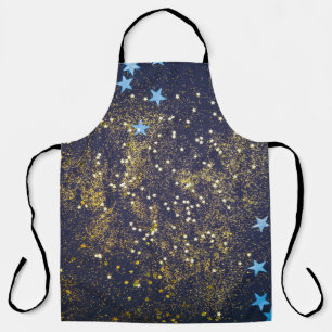 Gold glitter and glittering blue stars on black ba apron