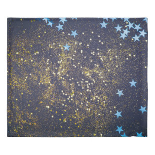 Gold glitter and glittering blue stars on black ba duvet cover