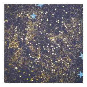 Gold glitter and glittering blue stars on black ba faux canvas print