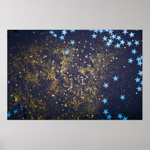 Gold glitter and glittering blue stars on black ba poster