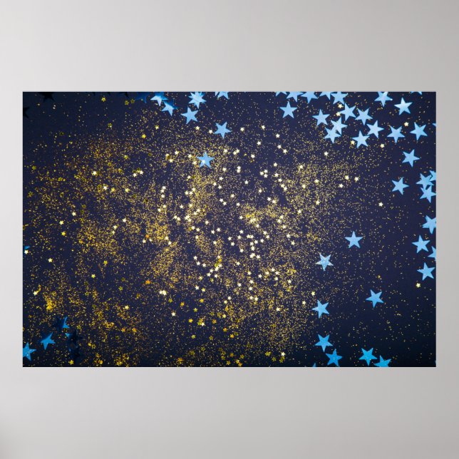 Gold glitter and glittering blue stars on black ba poster (Front)