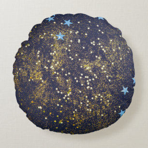 Gold glitter and glittering blue stars on black ba round pillow