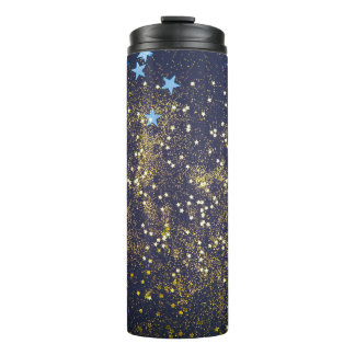 Gold glitter and glittering blue stars on black ba thermal tumbler