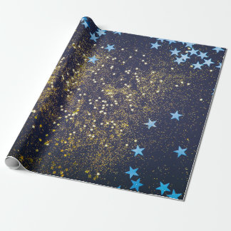 Gold glitter and glittering blue stars on black ba wrapping paper