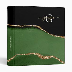 Gold Glitter and Green Agate Monogram 3 Ring Binder