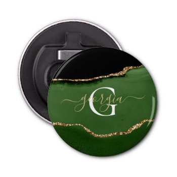 Gold Glitter And Green Agate Monogram Bottle Opener by freshpaperie at Zazzle