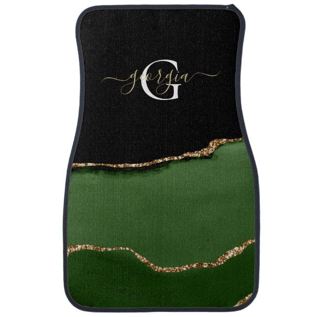 Gold Glitter and Green Agate Monogram Car Floor Mat (Front)