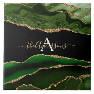 Gold Glitter and Green Agate Monogram Ceramic Tile