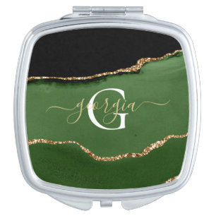 Gold Glitter and Green Agate Monogram Compact Mirror