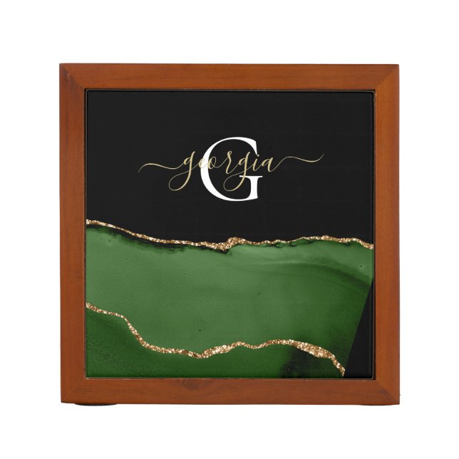 Gold Glitter and Green Agate Monogram Desk Organizer (Front)
