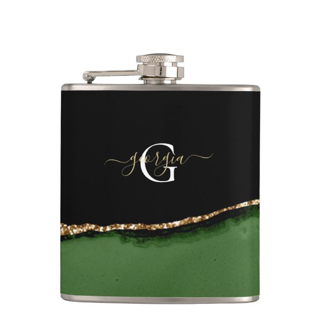 Gold Glitter and Green Agate Monogram Flask (Front)