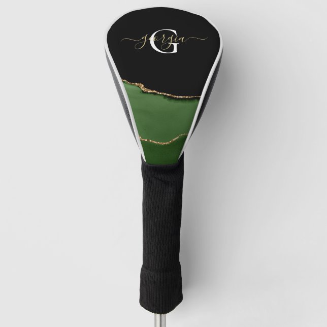 Gold Glitter and Green Agate Monogram Golf Head Cover (Front)