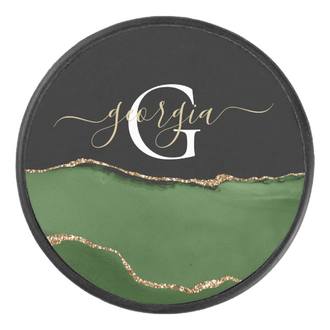 Gold Glitter and Green Agate Monogram Hockey Puck (Front)