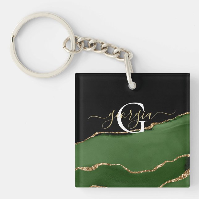 Gold Glitter and Green Agate Monogram Keychain (Front)