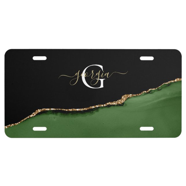 Gold Glitter and Green Agate Monogram License Plate (Front)