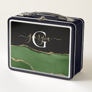 Gold Glitter and Green Agate Monogram Metal Lunch Box