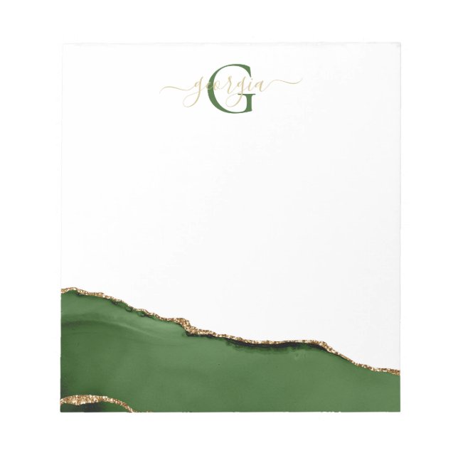 Gold Glitter and Green Agate Monogram Notepad (Front)
