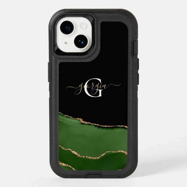 Gold Glitter and Green Agate Monogram Otterbox iPhone Case (Back)