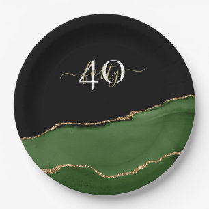 Gold Glitter and Green Agate Monogram Paper Plates