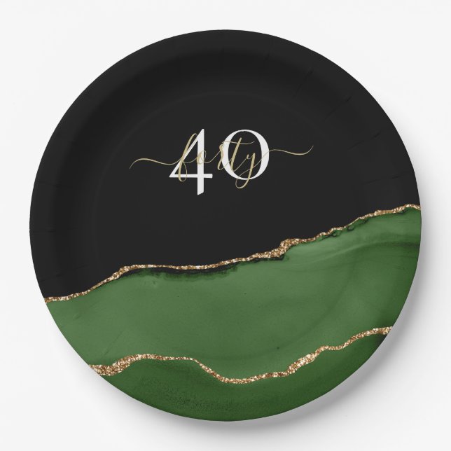 Gold Glitter and Green Agate Monogram Paper Plates (Front)
