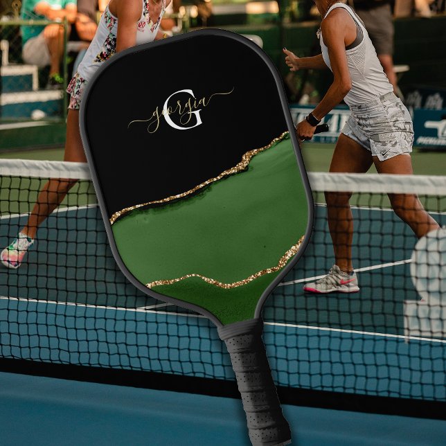 Gold Glitter and Green Agate Monogram Pickleball Paddle (Creator Uploaded)