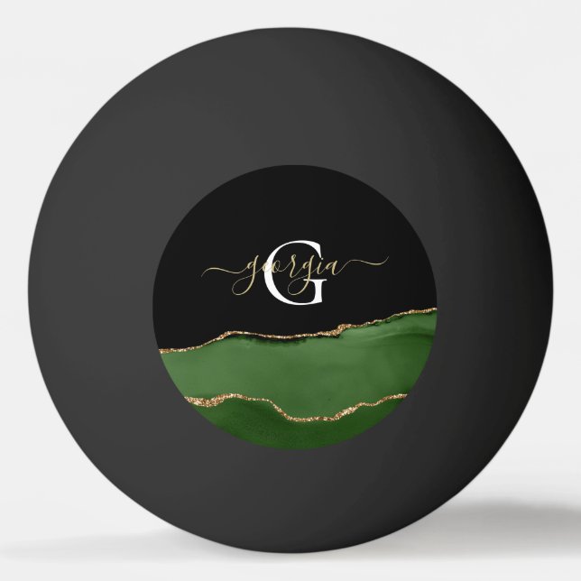 Gold Glitter and Green Agate Monogram Ping Pong Ball (Front)