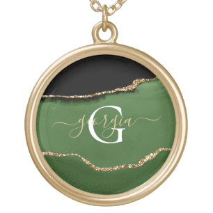 Gold Glitter and Green Agate Monogram Plated Necklace