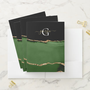 Gold Glitter and Green Agate Monogram Pocket Folder
