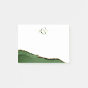 Gold Glitter and Green Agate Monogram Post-it Notes