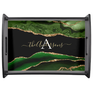 Gold Glitter and Green Agate Monogram Serving Tray