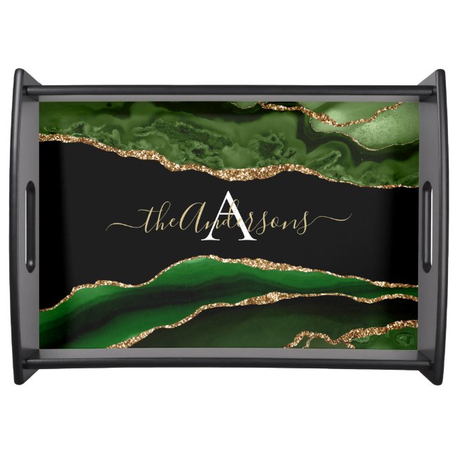 Gold Glitter and Green Agate Monogram Serving Tray (Front)